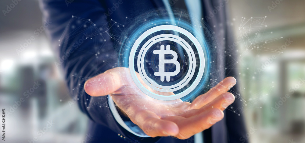 Poster man holding a technology bitcoin icon on a circle 3d rendering