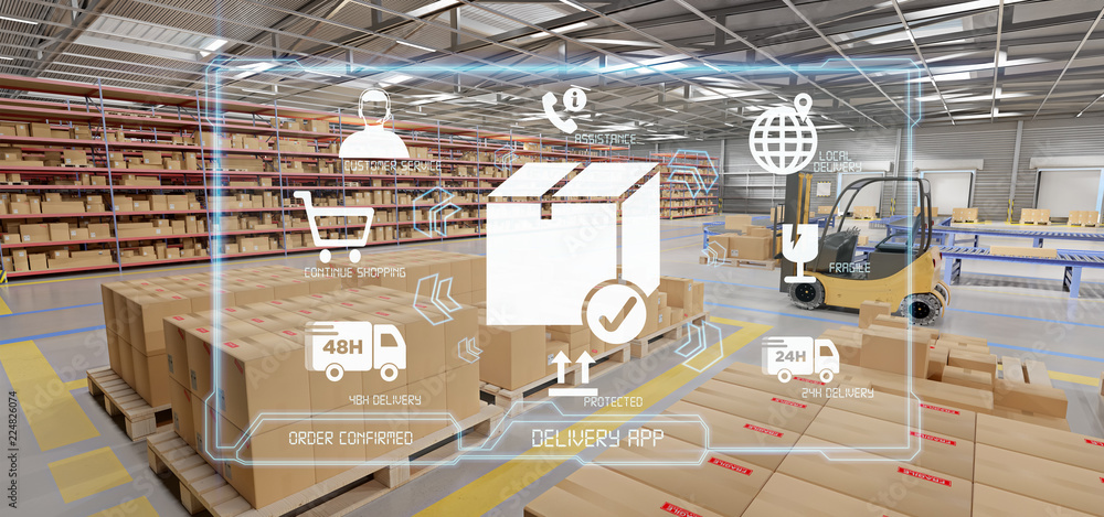 Poster logistic delivery service application on a warehouse background 3d rendering