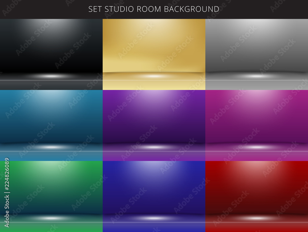 Poster set of 9 abstract studio room background with lighting on stage.