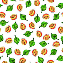 Seamless pattern with fresh apricot pieces and gren leaves on white background. Hand drawn watercolor and ink illustration.