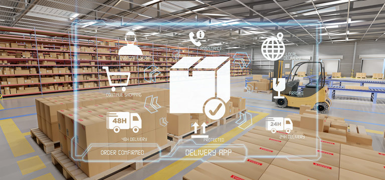 Logistic delivery service application on a warehouse background 3d rendering