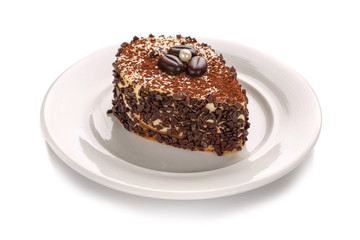 A piece of chocolate cake, isolated on a white background