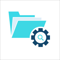 Project Management icon, data management, folder, project goals, task management icon with research sign. Project Management icon and explore, find, inspect symbol