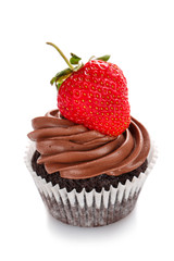 Chocolate cake with strawberries, isolated on a white background