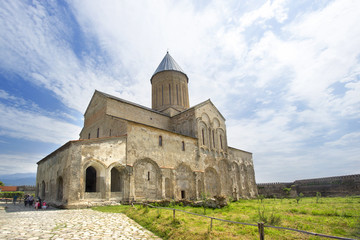 Fototapeta na wymiar Monastery Alaverdi in Kakheti region, Georgia, on the blue sky background