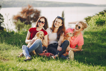 Fototapeta premium girls with dog