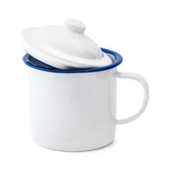 Enamel mug isolated on white background. Vintage cup made from tin material. ( Clipping path )