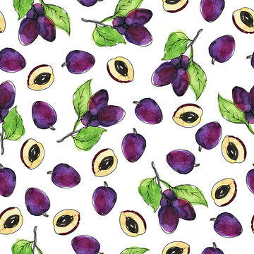 Seamless pattern with fresh plum branches and leaves and pieces on white background. Hand drawn watercolor and ink illustration.