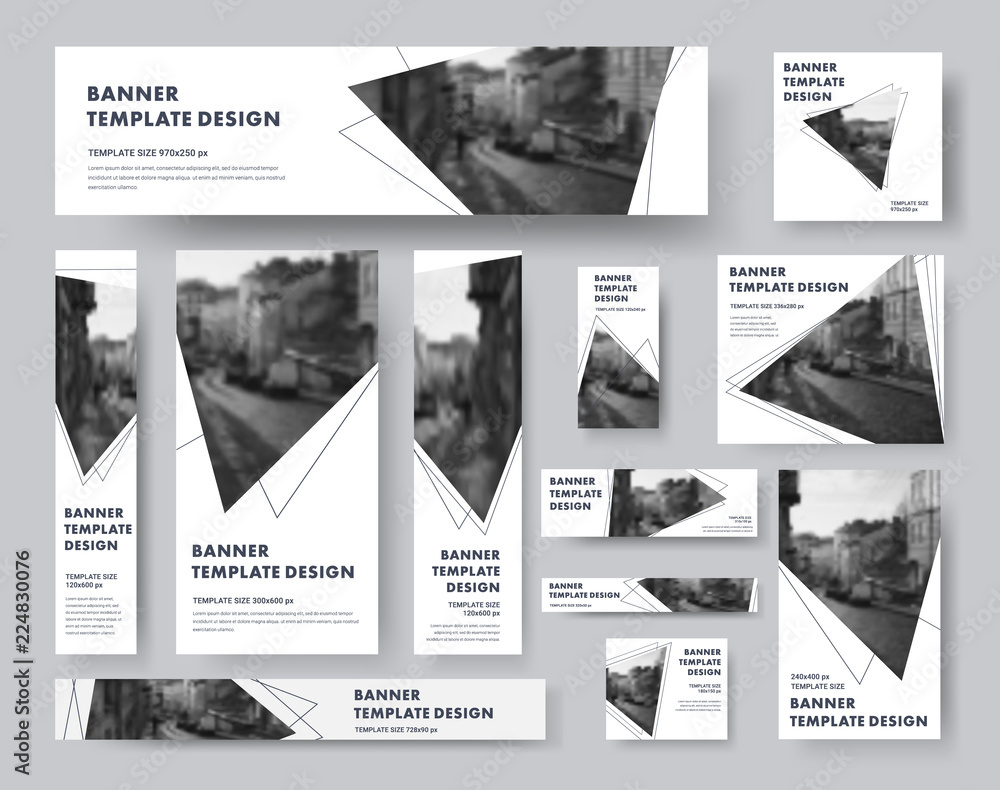 Poster set of vector white banners with triangles for a photo and a stroke.