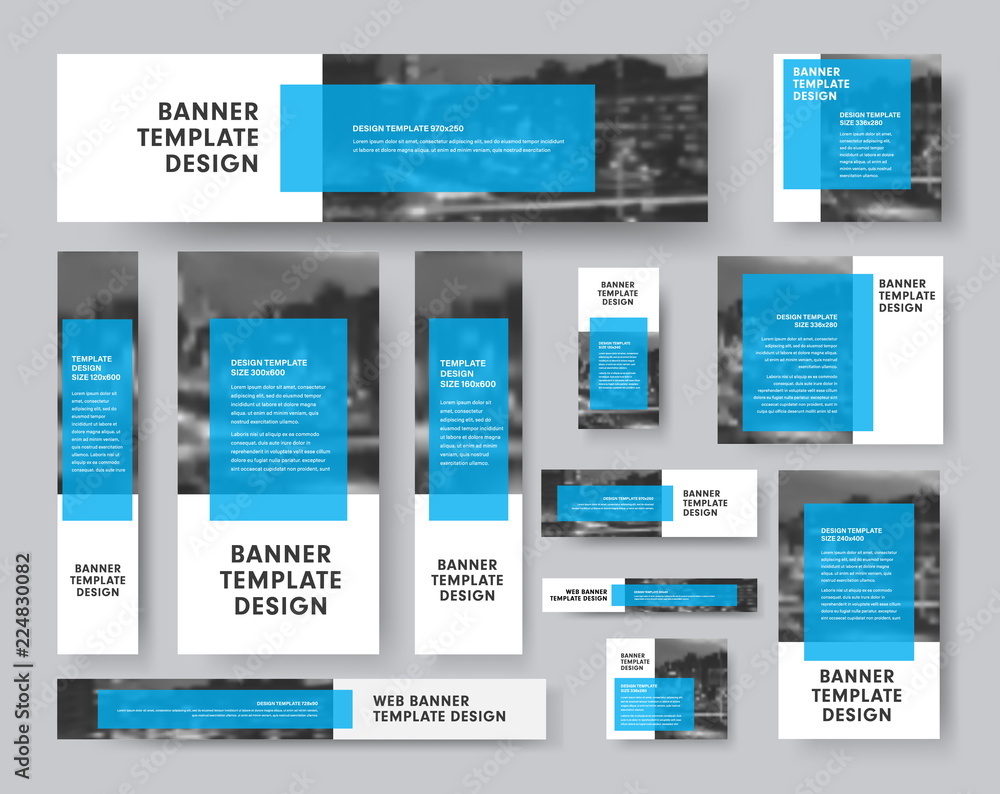 Poster set of vector banners of all sizes with a rectangular blue transparent dice for text and a place for photos.