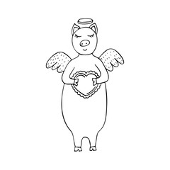Fototapeta premium Funny monochrome hand-drawn vector pig Cupid with wings and heart in his hands.