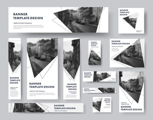 Set of vector white banners with triangles for a photo and a stroke.
