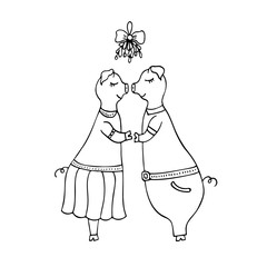 Vector monochrome hand-drawn illustration of two pigs kissing under the mistletoe.