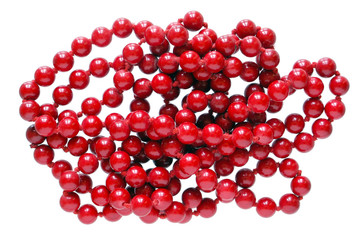 Homemade female beads are made of red round smooth glass  stones. Isolated