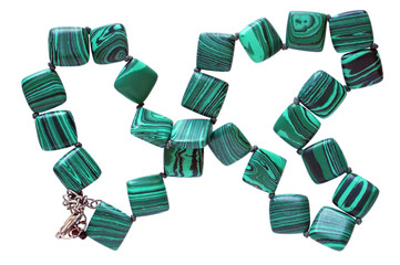 Homemade female beads are made of red square smooth green  malachite  striped  stones. Isolated