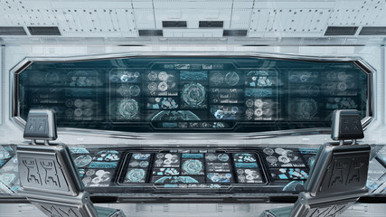 White spaceship interior with control panel digital screens 3D rendering © sdecoret