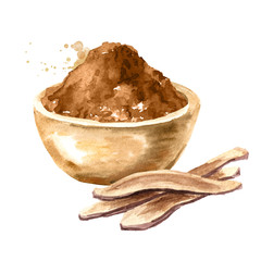 Dried Reishi ganoderma lucidum mushroom with powder. Watercolor hand drawn illustration, isolated on white background