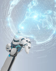 White humanoid hand using globe network hologram with Europe map 3D rendering