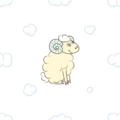 Cute cartoon sheep boy in the clouds. Vector illustration. Seamless pattern background.