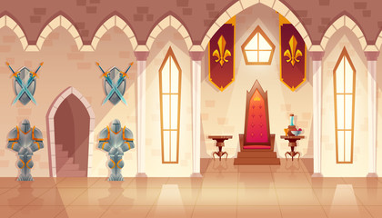 Vector castle hall with windows. Interior of royal ballroom with throne, table and guards in knight armor. Luxury furniture with flags in medieval palace. Fantasy, fairy tale or game background.