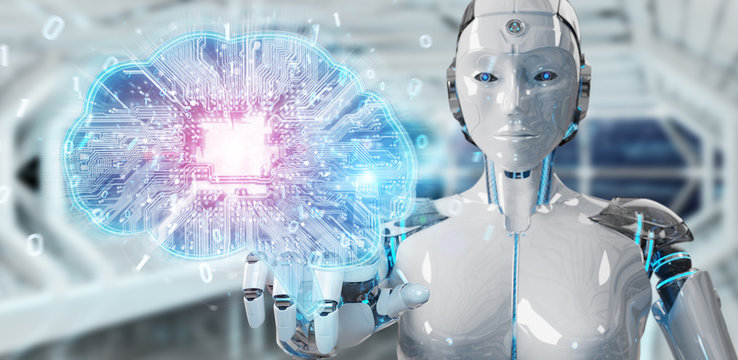 Robot creating artificial intelligence in a digital brain 3D rendering