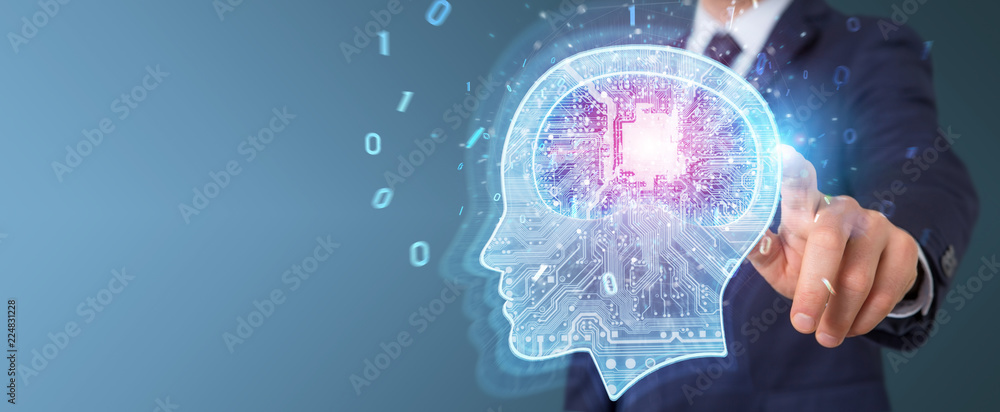 Poster businessman creating artificial intelligence 3d rendering