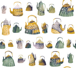 A seamless pattern with vintage kettles and teapots with watercolor texture. Tea time background for fabric, kitchen wallpapers, gift wrapping paper, scrapbooking. Isolated on white.