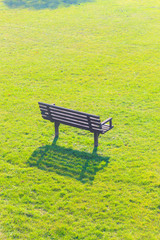 Wooden bench in green grass field.