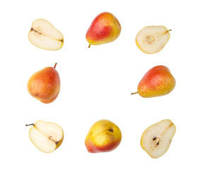ripe red yellow pear fruits isolated on white background. Top view.