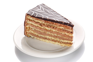 A piece of chocolate cake, isolated on a white background