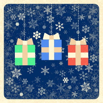 Boxing Day. Holiday in the UK and the British Commonwealth. 26 December. Gifts. Hanging gift boxes. Grunge background with snowflakes.