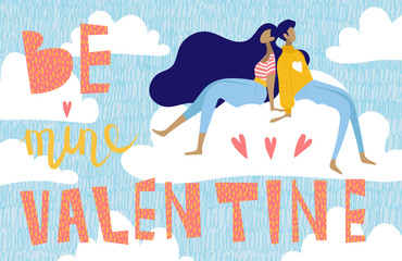 Vector cards for valentines day with characters and lettering. 