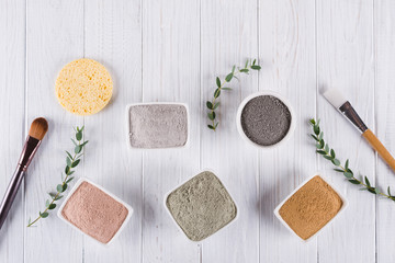 Beauty concept. Flat lay, Different clay mud powders natural ingredients for homemade facial and body mask or scrub