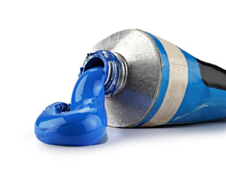 Old tube with blue oil paint, clipping path