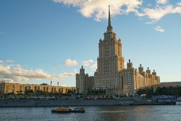 Fototapeta na wymiar Moscow city image at the sunset. One of the Stalin era houses image (Ukraina hotel)