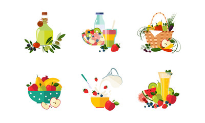 Fototapeta premium Healthy dishes from organic vegetables and fruits set, vegetarian menu vector Illustration on a white background