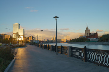 Moscow embankment image at the sunset