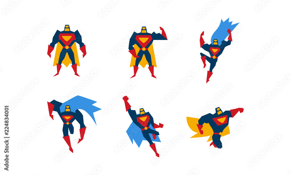 Sticker Collection of superheroes, superman character men with super powers vector Illustration on a white background