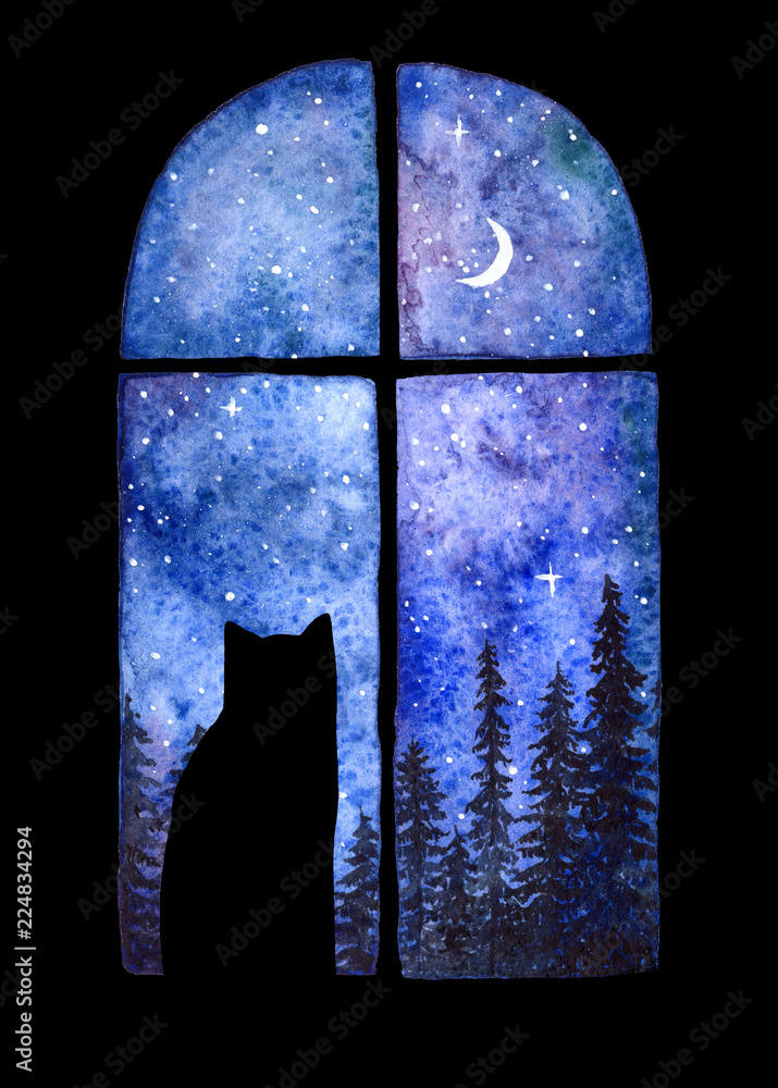 Wall mural A card with a window in the night and a cat's silhouette. Spruce forest behind the window and a starry sky. Watercolor illustration.