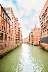 View of the Warehouses District or Speicherstadt or Hafencity in Hamburg, Germany, the largest warehouse district in the world and it is located in the port of Hamburg