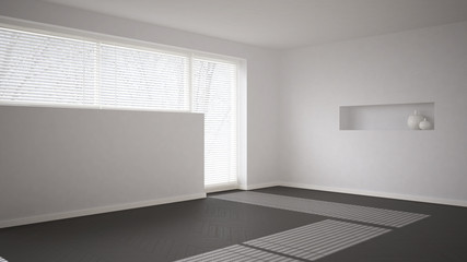 Empty room background with herringbone parquet and big window with venetian blind, white and gray modern architecture interior design