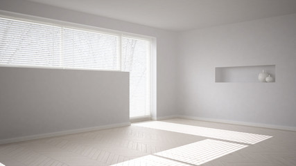 Empty room background with herringbone parquet and big window with venetian blind, white modern...