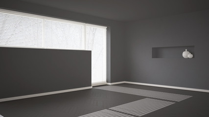 Empty room background with herringbone parquet and big window with venetian blind, gray modern architecture interior design
