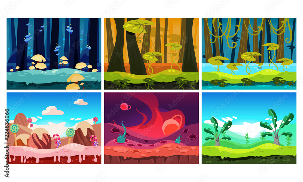 Poster flat vector set of backgrounds for mobile and computer game. fantasy world. sweet land, forests and 