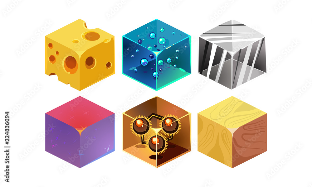 Poster vector set of 6 isometric cubes with different texture. gaming assets. 3d elements for mobile or com