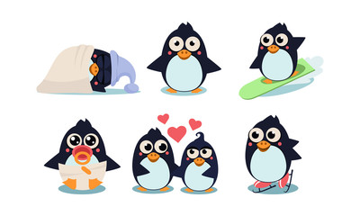 Flat vector set of funny penguins in different actions sleeping, surfing, skating, baby in diaper and pacifier in mouth, couple in love