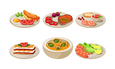 Flat vector set of appetizing dishes. Plates with tasty food for breakfast and dinner. Cooking theme