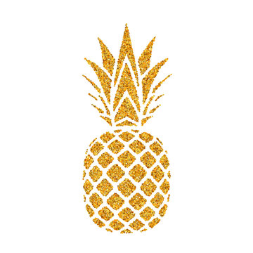 Pineapple golden with leaf. Tropical gold exotic fruit isolated white background. Symbol of organic food, summer, vitamin, healthy. Nature logo. Design element silhouette icon. Vector illustration