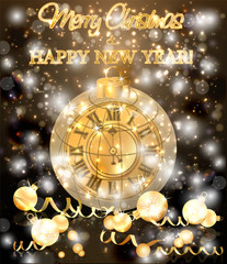 Merry Christmas & New Year banner with xmas clock, vector illustration
