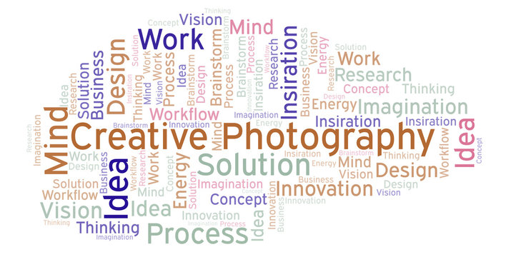 Creative Photography word cloud, made with text only.